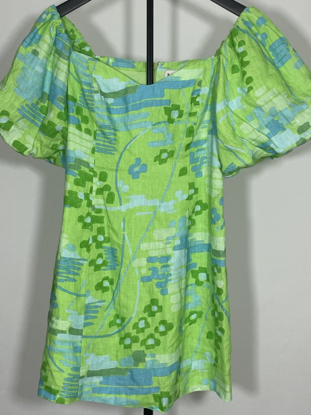 RHODE Dali Electric Eden Green Blue Floral Puff-Sleeve Linen Mini Dress Size 2